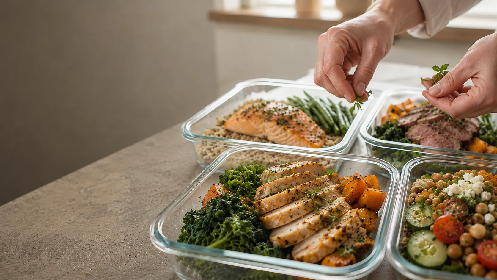 A personal chef finishing several freshly prepared meals
